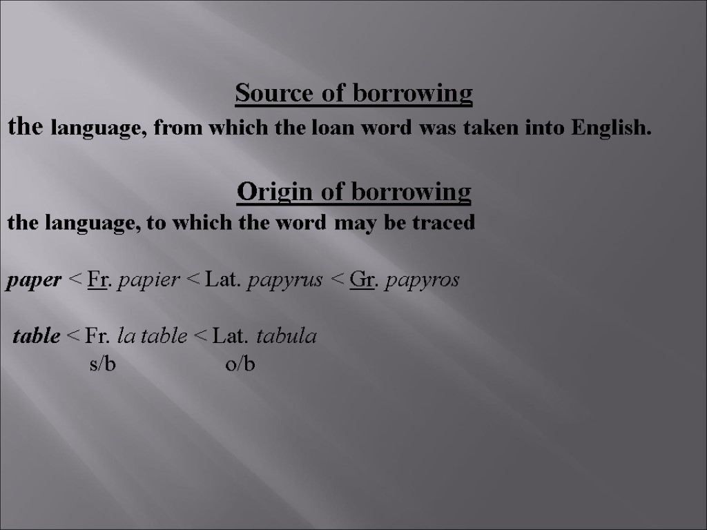 Source of borrowing the language, from which the loan word was taken into English.